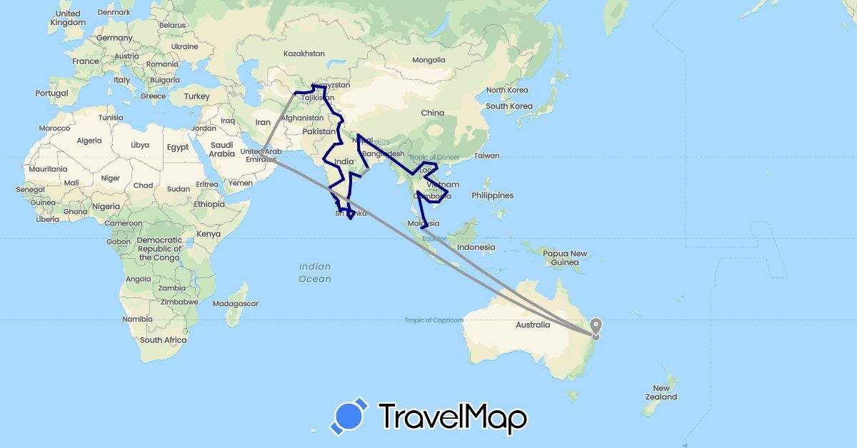 TravelMap itinerary: driving, plane in Australia, India, Kyrgyzstan, Cambodia, Laos, Sri Lanka, Malaysia, Nepal, Pakistan, Thailand, Tajikistan, Turkmenistan, Uzbekistan, Vietnam (Asia, Oceania)